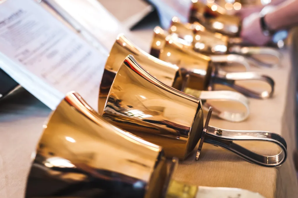 Handbells placed on table